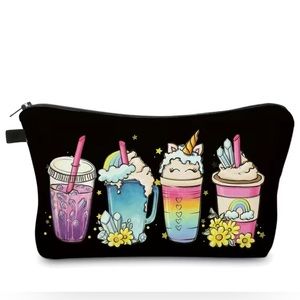 Cosmetic Makeup Travel Portable Case Bag Pouch Unicorn Beverage Pattern (Black)